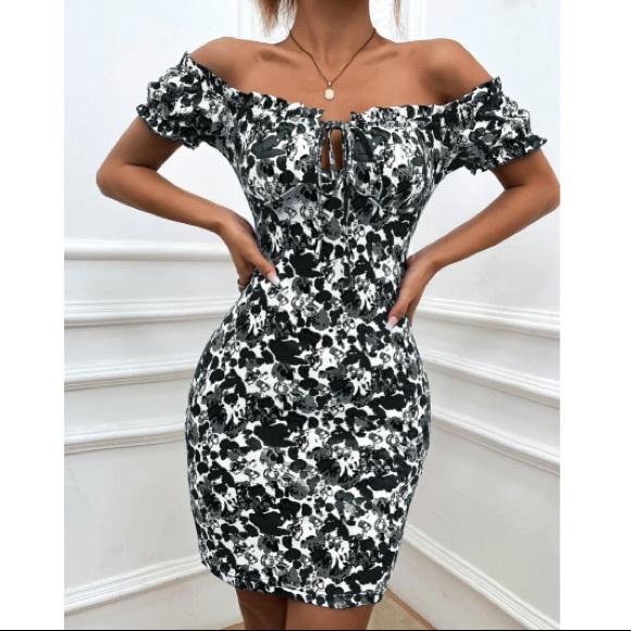 Boho Blue Floral Print Off Shoulder Bodycon Dress - Picture 14 of 16